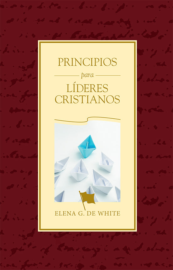 Portada del libro «Principios para líderes cristianos», de Elena G. de White, en la que aparecen barquitos de papel —uno azul entre los blancos— que simbolizan la gestión sólida y los consejos de Elena G. de White para los líderes cristianos.