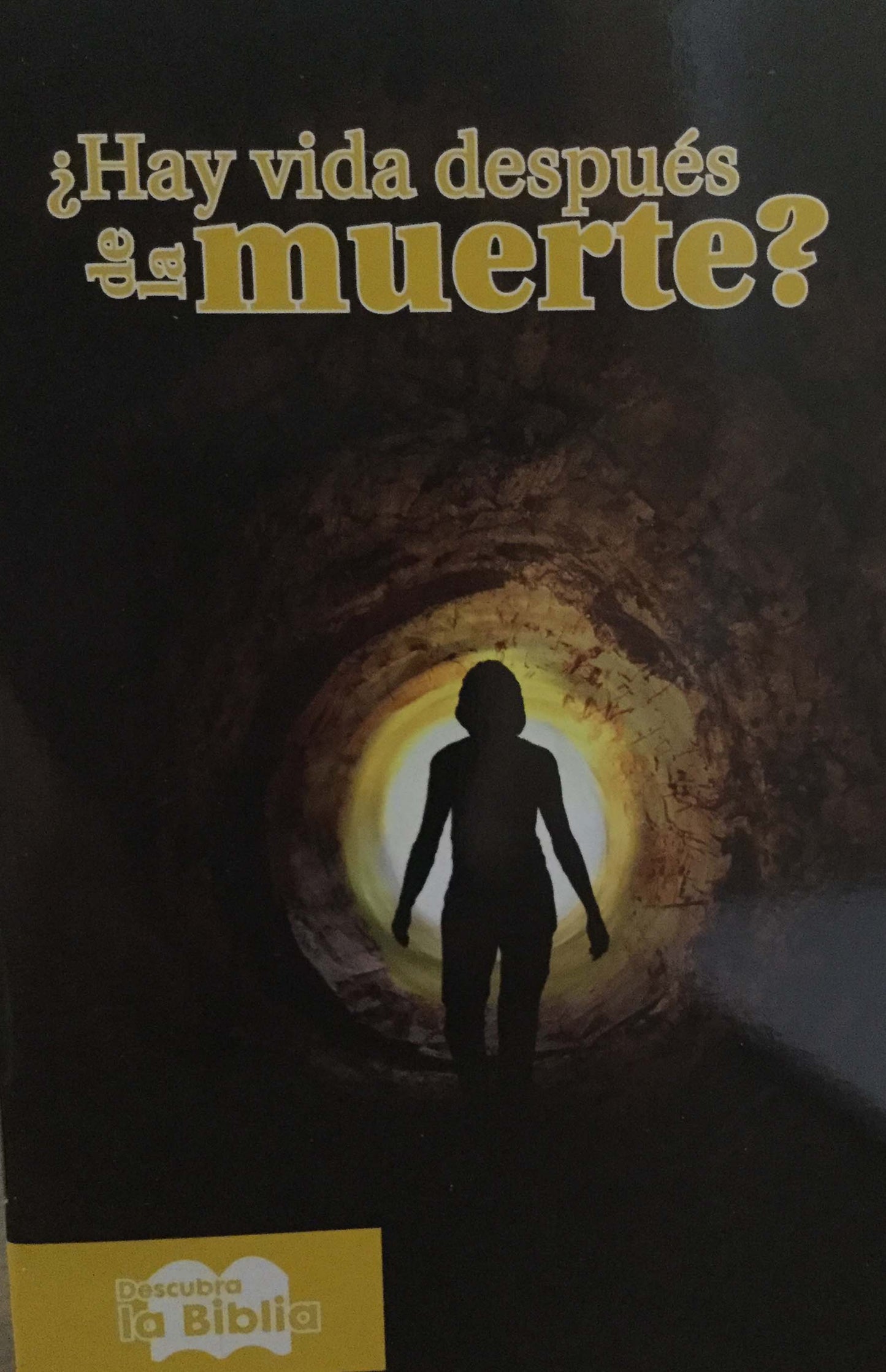 La silueta de una persona camina hacia la luz al final de un túnel, junto a un texto en español que pregunta «¿Hay vida después de la muerte?», el logotipo amarillo de «Descubra la Biblia» y referencias a «la Biblia» y a «Cristo».
