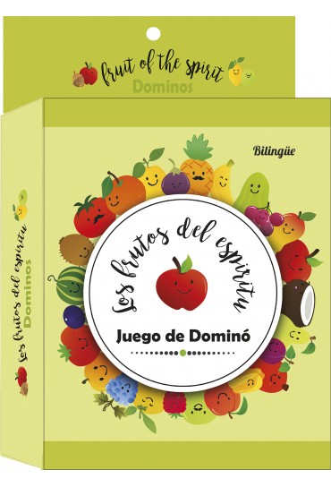 Caja del juego bilingüe «Juego de Dominó: Frutos del Espíritu», en el que aparecen coloridas frutas de dibujos animados con caras sonrientes sobre un fondo verde claro.