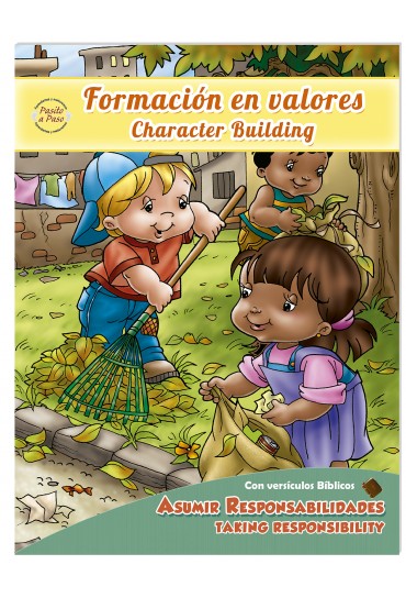 Tres niños están rastrillando y recogiendo hojas en un jardín, con el texto «Formación en valores/Character Building: Asumir responsabilidades/Taking Responsibility» en la portada; ideal para actividades de colorear e historias para niños.