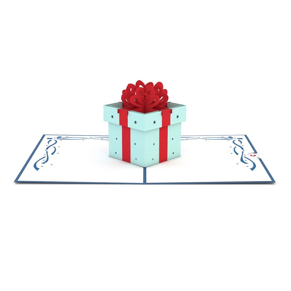 Esta tarjeta de alta calidad muestra una caja azul abierta con una cinta roja y un lazo sobre un fondo blanco con bordes decorativos azules. Esta tarjeta de 5 x 7 es perfecta para hacer que cualquier ocasión sea especial.