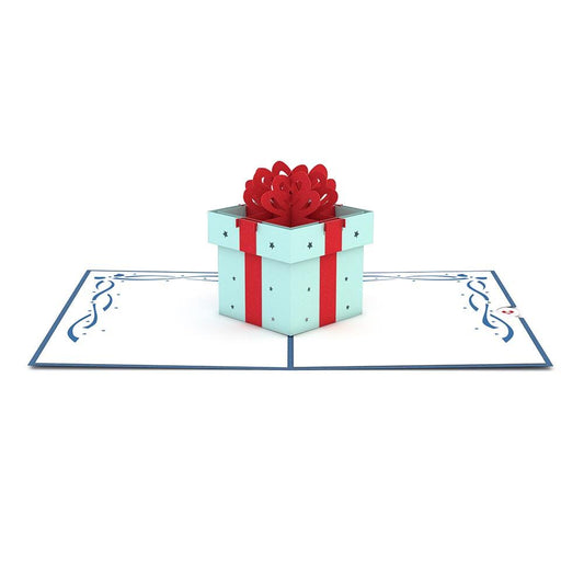 Esta tarjeta de alta calidad muestra una caja azul abierta con una cinta roja y un lazo sobre un fondo blanco con bordes decorativos azules. Esta tarjeta de 5 x 7 es perfecta para hacer que cualquier ocasión sea especial.