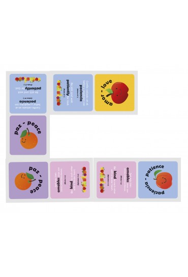 Cinco tarjetas de colores están dispuestas en forma de L, como en un juego de dominó; cada tarjeta muestra la ilustración de una fruta y palabras como «amor», «paz» y «paciencia» en inglés y español.