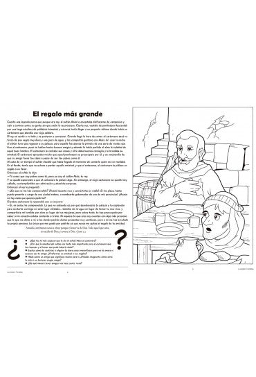 Página ilustrada en blanco y negro con un texto en español a la izquierda titulado «El regalo más grande, ideal para historias para niños», y un dibujo a trazo de un adulto y un niño sentados a una mesa a la derecha, perfecto como «páginas para colorear».