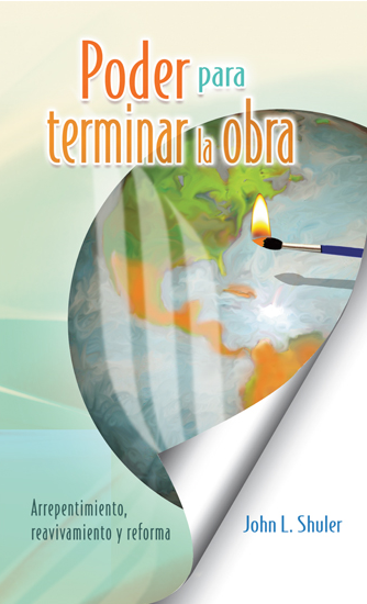 La portada del libro, titulado «Poder para terminar la obra», muestra una cerilla encendida que ilumina un punto del globo terráqueo, evocando un Pentecostés mundial. Escrito por John L. Shuler, este libro cristiano presenta un texto en español en la esquina inferior izquierda.