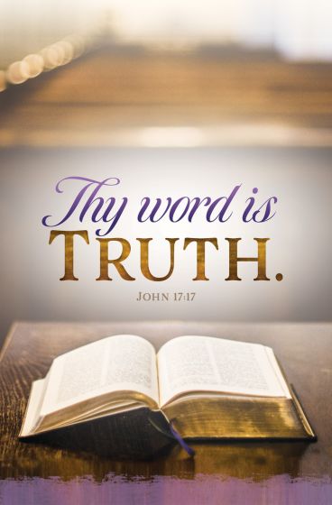 Una Biblia abierta descansa sobre una superficie de madera, con el texto «Tu Palabra es verdad. Juan 17:17» escrito en una tipografía decorativa; ideal para boletines de iglesia o para resaltar el orden del servicio en vuestras reuniones de culto.