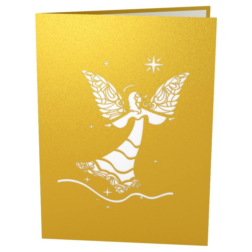 Una tarjeta dorada de alta calidad con un diseño recortado en blanco que representa a un ángel bajo una estrella, rodeada de motivos decorativos; esta tarjeta de 5 x 7 es perfecta para ocasiones especiales.