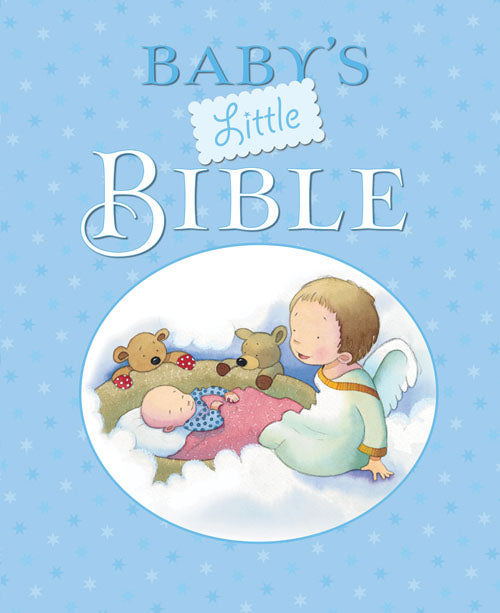 Portada del libro titulado «Babys Little Bible», en la que aparece una ilustración de un ángel con un bebé y dos ositos de peluche sobre una nube, sobre un fondo azul con motivos de estrellas; ideal para los más pequeños que descubren historias bíblicas como la Creación y la Resurrección.
