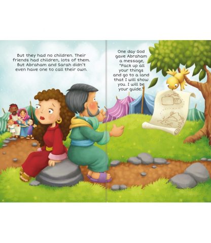 Ilustración de Abraham y Sara sentados sobre unas rocas, con niños y familias al fondo, y un pájaro que les entrega un pergamino en el que se ve un mapa; la escena está rodeada de tiendas y árboles, lo que la hace perfecta para enseñar historias bíblicas a los niños.