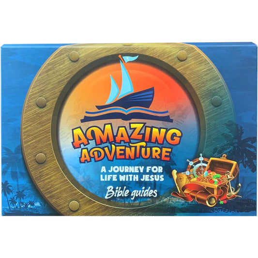 Caja de colores para «Amazing Adventure: Un viaje por la vida con Jesús», con ilustraciones de un barco y un cofre del tesoro lleno de monedas y joyas, ideal para las clases de estudio bíblico y las divertidas actividades bíblicas para niños.