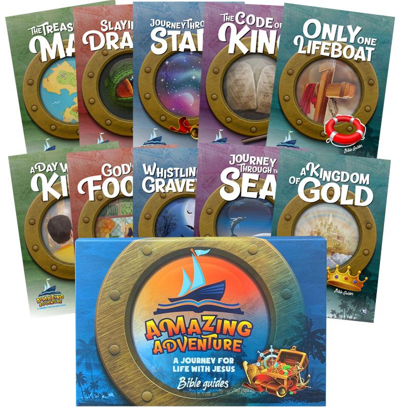 Un conjunto de once folletos a todo color de la serie «Amazing Adventure Bible Guides», cada uno con un título único y una portada inspirada en el ojo de buey de un submarino, repletos de actividades bíblicas atractivas para niños.