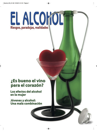 Una botella de vino con un estetoscopio, una copa de martini con un corazón rojo y un texto en español sobre «los riesgos del alcohol y la salud» en la portada de una revista.