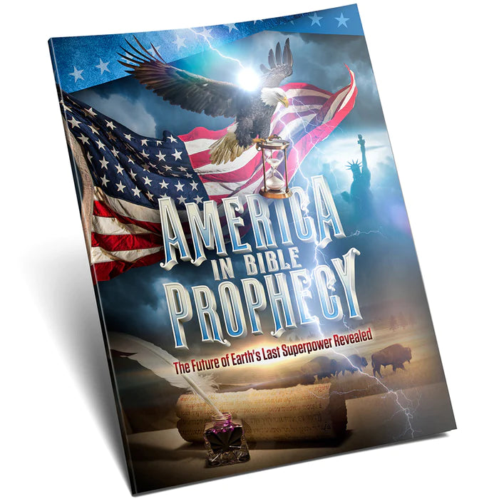 Portada del libro titulado «América en las profecías bíblicas», en la que aparecen un águila, la bandera de EE. UU., un rayo, la Estatua de la Libertad y unos pergaminos, con el eslogan «¡Se desvela el futuro de la última superpotencia de la Tierra!», inspirada en Apocalipsis 13 y en las superpotencias bíblicas.