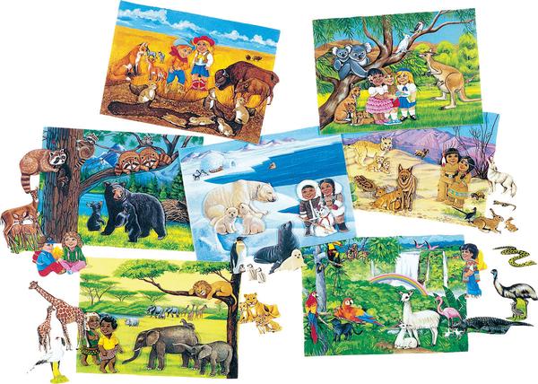 Collage de escenas ilustradas en las que aparecen crías de animales y niños jugando al escondite con sus madres en distintos hábitats, como la selva, la sabana, las regiones polares, el interior de Australia y la selva tropical.