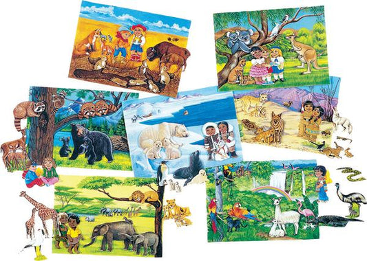 Collage de escenas ilustradas en las que aparecen crías de animales y niños jugando al escondite con sus madres en distintos hábitats, como la selva, la sabana, las regiones polares, el interior de Australia y la selva tropical.