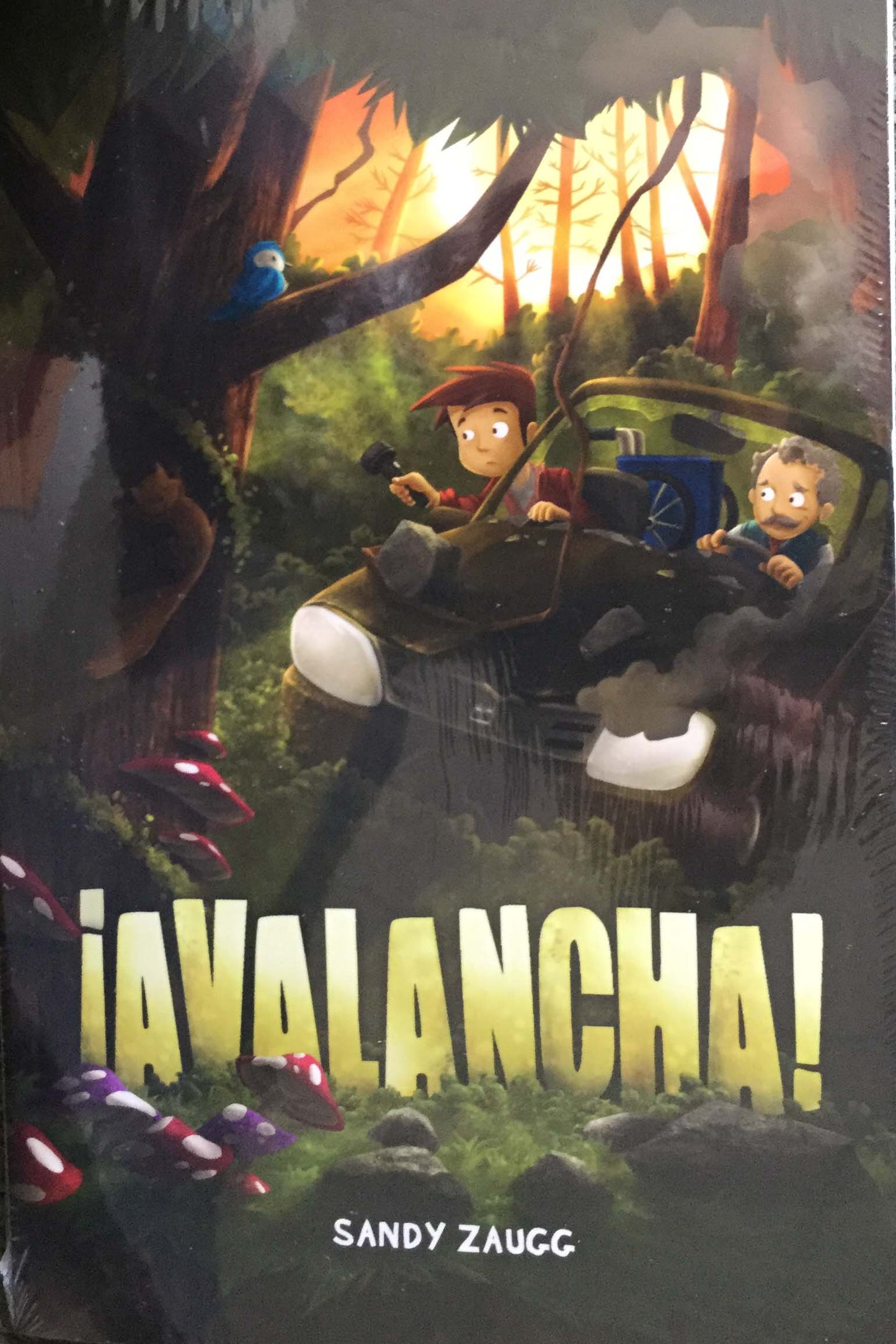Portada de un libro ilustrado para niños en la que aparecen dos niños en un coche volador en un bosque con setas gigantes; en ella figura el título «¡Avalancha!», la autora Sandy Zaugg y una referencia a confiar en Jesús para que guíe su aventura.