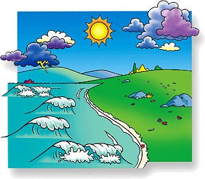 Ilustración para tablero de franela: una escena de 14 x 25 en la que se ven olas en la orilla, colinas cubiertas de hierba, rocas, flores, una pradera soleada y un cielo con nubes, incluida una de ellas surcada por un rayo.