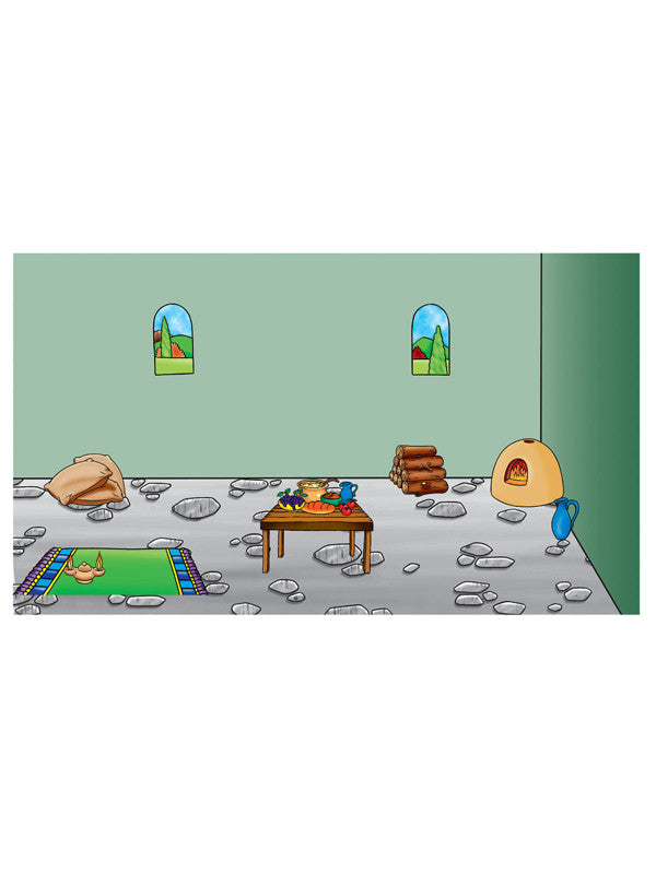 Una sencilla habitación con suelo de piedra, perfecta para representar una escena de «La Última Cena» en un tablero de franela, con una mesa puesta con comida, una estera enrollada, una pila de leña, un horno de pan, una jarra de agua y dos pequeñas ventanas que dan a un paisaje verde. Tamaño: 14 x 25.