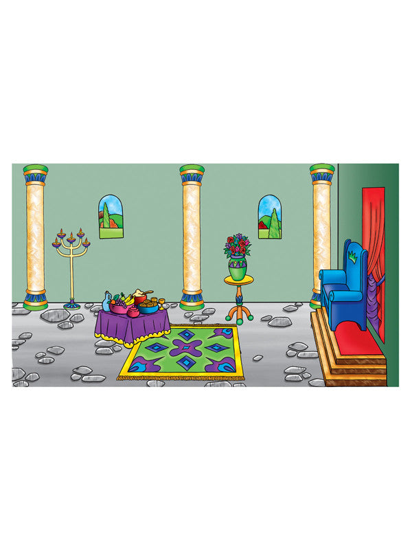 Ilustración de una escena de interior en la que se muestra una sala real con 11 elementos, entre los que se incluyen accesorios propios de una sala del trono, como un trono azul, columnas, una mesa con comida, un candelabro, un jarrón con flores, una alfombra de colores y tres ventanas en arco que dejan entrever el paisaje exterior.