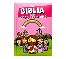 Biblia ilustrada para niños en español con tapa rosa, un arcoíris, personajes de dibujos animados y escenas bíblicas de fondo; perfecta para descubrir historias bíblicas para niños.