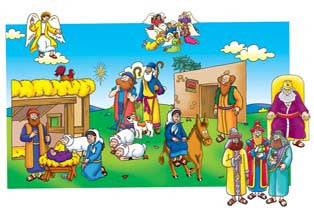 Escena de la Natividad en estilo de dibujos animados, tomada de la «Biblia para principiantes»: María, José, el Niño Jesús acostado en un pesebre, pastores con ovejas, los Reyes Magos, ángeles, animales y una estrella de Navidad que brilla sobre el establo.