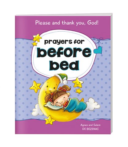 Portada de un libro infantil titulado «Oraciones antes de dormir», con una ilustración de un niño durmiendo sobre una luna creciente, estrellas y un fondo morado; ideal para las oraciones antes de acostarse y para pedir un sueño tranquilo.