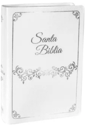Un libro de tapa dura blanca titulado «Santa Biblia», con bordes decorativos en la portada, en el que aparecen las palabras «Biblia letra gigante» y «palabras de Jesús» en rojo; edición RV de 1960.