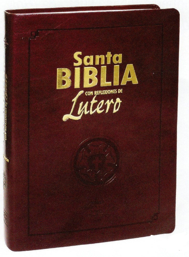 Una Biblia española encuadernada en cuero burdeos, edición RV 1960, con la inscripción en dorado «Santa Biblia con reflexiones de Lutero» en la portada, perfecta para quienes buscan reflexiones bíblicas en la Biblia de Martín Lutero.