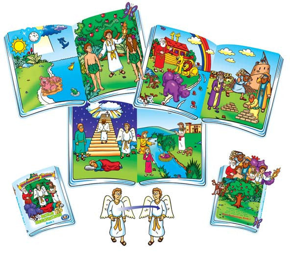 Las coloridas ilustraciones de diversas historias bíblicas, como las de Adán y Eva y el Arca de Noé, se presentan en forma de libros abiertos y figuras de fieltro, lo que refleja el encanto de los cuentos infantiles de la «Biblia para principiantes».