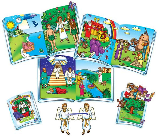 Las coloridas ilustraciones de diversas historias bíblicas, como las de Adán y Eva y el Arca de Noé, se presentan en forma de libros abiertos y figuras de fieltro, lo que refleja el encanto de los cuentos infantiles de la «Biblia para principiantes».