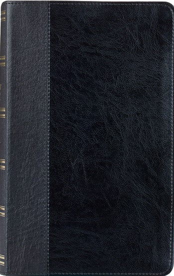 Una Biblia de letra grande, cerrada, encuadernada en cuero negro, con una cubierta texturizada, líneas horizontales doradas en el lomo y páginas con bordes dorados.