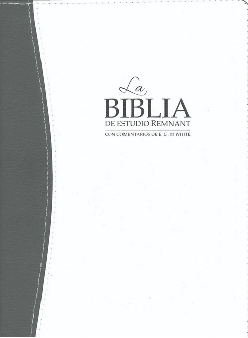 Portada de «La Biblia de Estudio Remnant», Biblia Reina-Valera, con comentarios de Elena G. de White y estudios temáticos bíblicos, con un diseño en blanco y gris y un texto sencillo.