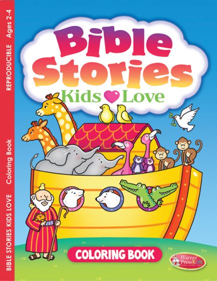Portada de un libro para colorear infantil titulado «Historias de la Biblia que les encantan a los niños», en la que aparece el Arca de Noé con animales y Noé de pie en el exterior. Ideal para niños de 2 a 4 años.