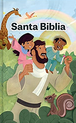 Ilustración de un hombre que lleva a dos niños a hombros, rodeado de animales y plantas, con el título «Santa Biblia» en la parte superior. Ideal para una «Biblia para niños» o como portada para una «Biblia RV 1960 interactiva».