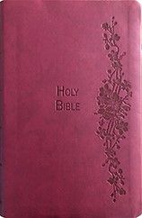 Una Biblia NKJV de color granate con la inscripción «HOLY BIBLE» en relieve en la cubierta y un diseño floral decorativo a lo largo del lado derecho: una elegante Biblia para mujeres, perfecta para descubrir las preciadas promesas bíblicas.