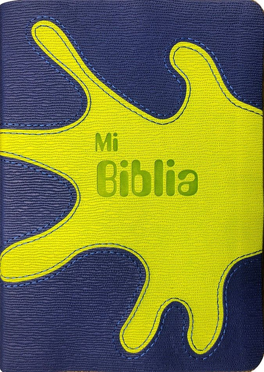 Una cubierta azul con un gran diseño de salpicaduras amarillas y las palabras «Mi Biblia» impresas en verde, perfecta para estudios bíblicos y con la traducción Reina-Valera 1995.