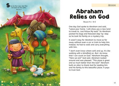 Ilustración a todo color de Abraham, un niño y un camello junto a una tienda de campaña en una zona cubierta de hierba, con un texto que describe la historia bíblica «Abraham confía en Dios», de Génesis 12; ideal para que los niños aprendan valores a través de las historias bíblicas.