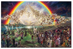 Un numeroso grupo de personas mira hacia arriba mientras unos ángeles descienden del cielo, con un brillante arcoíris en lo alto, en un paisaje espectacular y lleno de color: el cuadro perfecto para decorar tu espacio. Tamaño del póster: 14 x 11.