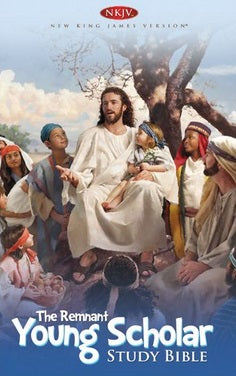 Una ilustración de Jesús sentado bajo un árbol, rodeado de niños y adultos, adorna la portada de la «Young Scholar Study Bible» (NKJV), una inspiradora Biblia de estudio para niños y familias.