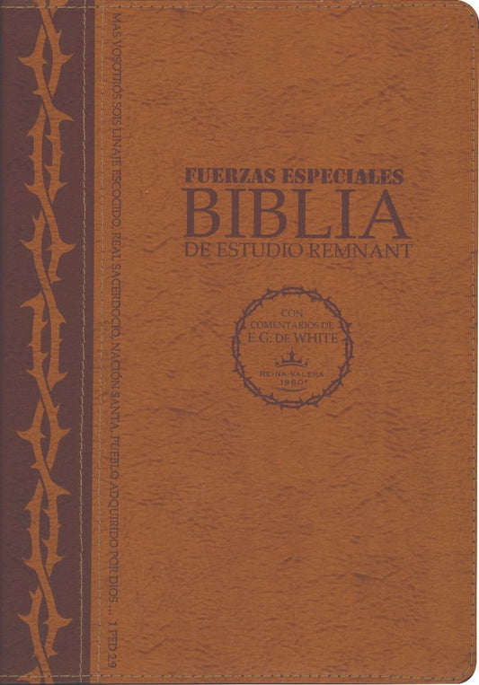 Portada de una Biblia de estudio en español titulada «Fuerzas Especiales: Biblia de Estudio Remnant», con un diseño en piel marrón, estudios temáticos bíblicos, la Biblia Reina-Valera 1960 y comentarios de Elena G. de White.