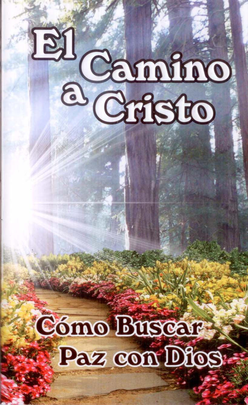 Portada del libro en la que se ve un sendero forestal bañado por la luz del sol y bordeado de flores. El título en español reza: «El Camino a Cristo. Cómo buscar la paz con Dios». Un libro de bolsillo que revela el don de la salvación y el amor de Dios.