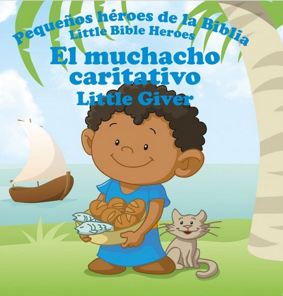 Ilustración de «Pequeños héroes de la Biblia»: un niño sonriente que sostiene un pescado y un trozo de pan está junto a un gato bajo una palmera, con un velero al fondo. Este libro infantil bíblico incluye texto en español e inglés.