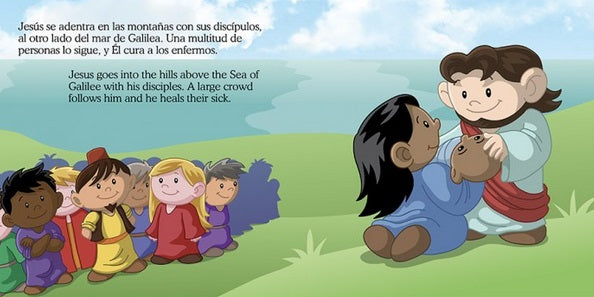 Ilustración en la que Jesús cura a un niño mientras otros observan en una ladera cubierta de hierba bajo un cielo azul, con texto en español e inglés; ideal como librito bilingüe para niños o para los seguidores de «Pequeños Héroes de la Biblia».