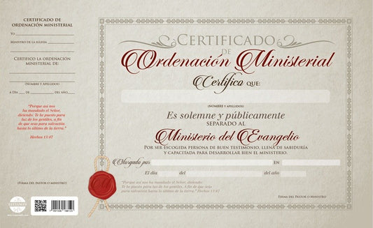 Plantilla de certificado de ordenación ministerial en español, paquete de 20, con bordes decorativos, texto en rojo y negro, líneas para la firma y una ilustración de un sello de lacre rojo en la esquina inferior izquierda. Tamaño: 211 x 356 mm.
