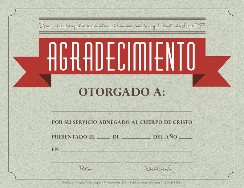 Certificado con una gran banda roja en la que se lee «AGRADECIMIENTO» en español, en papel de tamaño carta (8 1/2 x 11). Los espacios en blanco que hay debajo te permiten rellenar el nombre del destinatario, la fecha, el lugar y las firmas. El diseño tiene un aspecto formal y oficial.