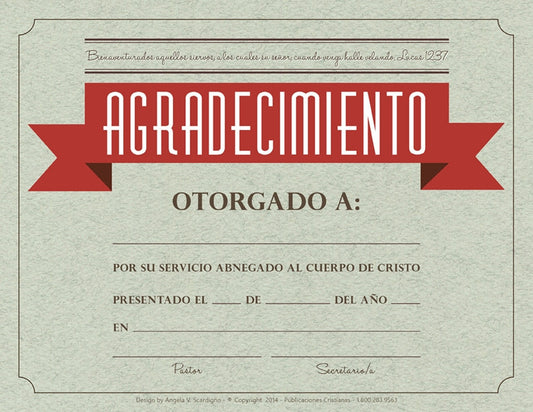 Certificado con una gran banda roja en la que se lee «AGRADECIMIENTO» en español, en papel de tamaño carta (8 1/2 x 11). Los espacios en blanco que hay debajo te permiten rellenar el nombre del destinatario, la fecha, el lugar y las firmas. El diseño tiene un aspecto formal y oficial.