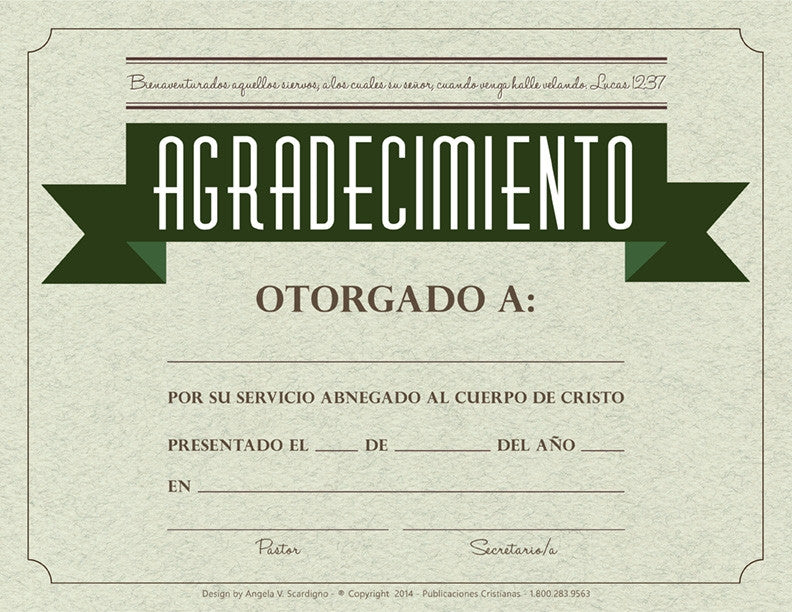 Certificado de reconocimiento en español impreso en papel de tamaño carta (8 1/2 x 11), con espacios en blanco para el nombre del destinatario, la fecha y el lugar, otorgado en reconocimiento a un servicio dedicado al cuerpo de Cristo.
