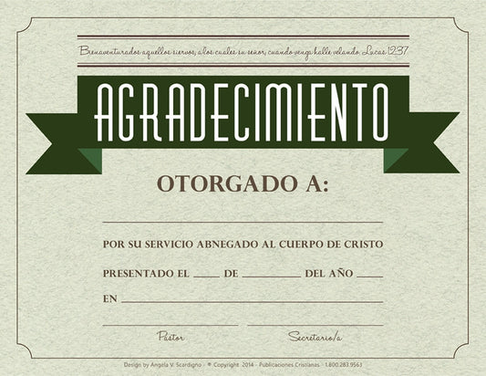 Certificado de reconocimiento en español impreso en papel de tamaño carta (8 1/2 x 11), con espacios en blanco para el nombre del destinatario, la fecha y el lugar, otorgado en reconocimiento a un servicio dedicado al cuerpo de Cristo.