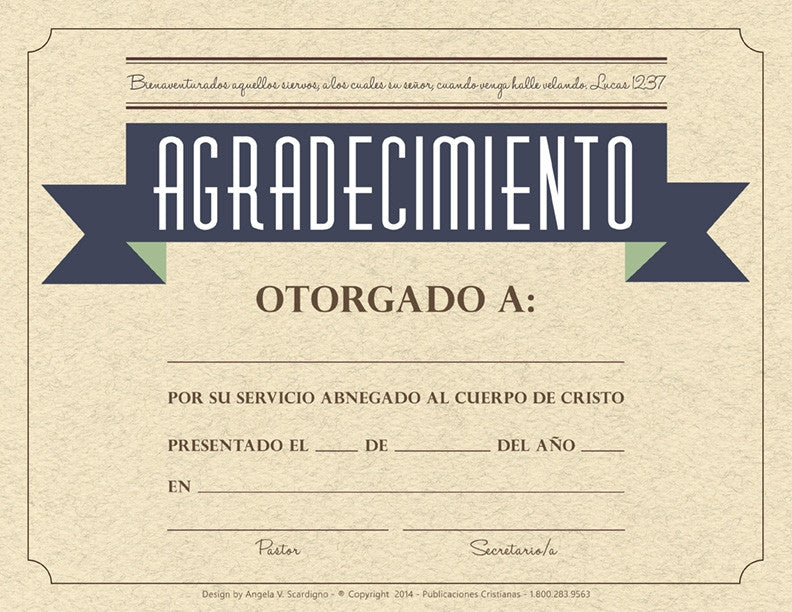 Un certificado de agradecimiento en español, tamaño carta (8 1/2 x 11), con espacios en blanco para el nombre, la fecha y el lugar, además de un apartado para las firmas del párroco y la secretaria.