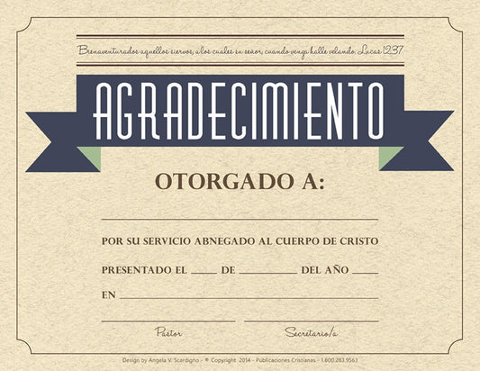 Un certificado de agradecimiento en español, tamaño carta (8 1/2 x 11), con espacios en blanco para el nombre, la fecha y el lugar, además de un apartado para las firmas del párroco y la secretaria.